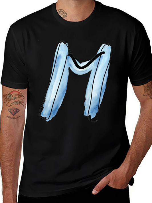 Blue Letter M Graphic Black T-Shirt