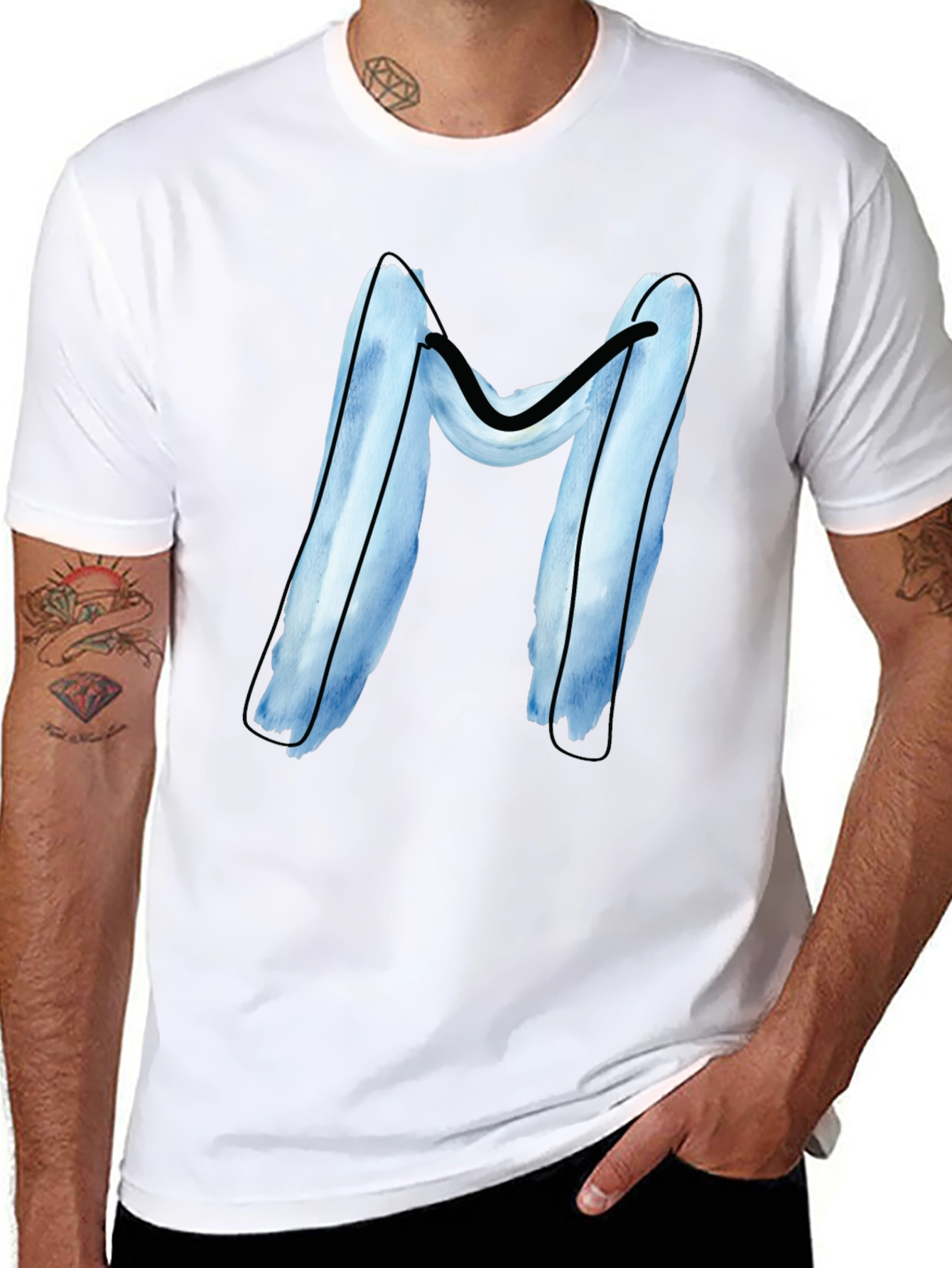 Blue Letter M Graphic Black T-Shirt