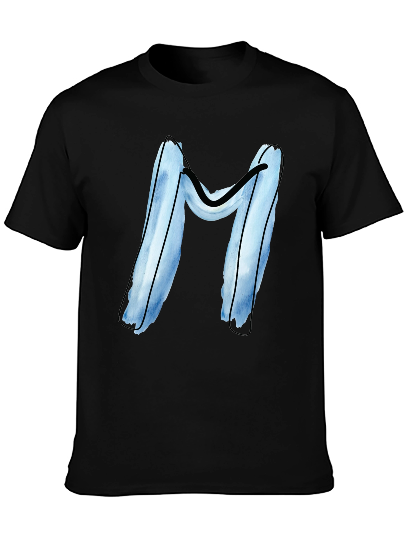 Blue Letter M Graphic Black T-Shirt