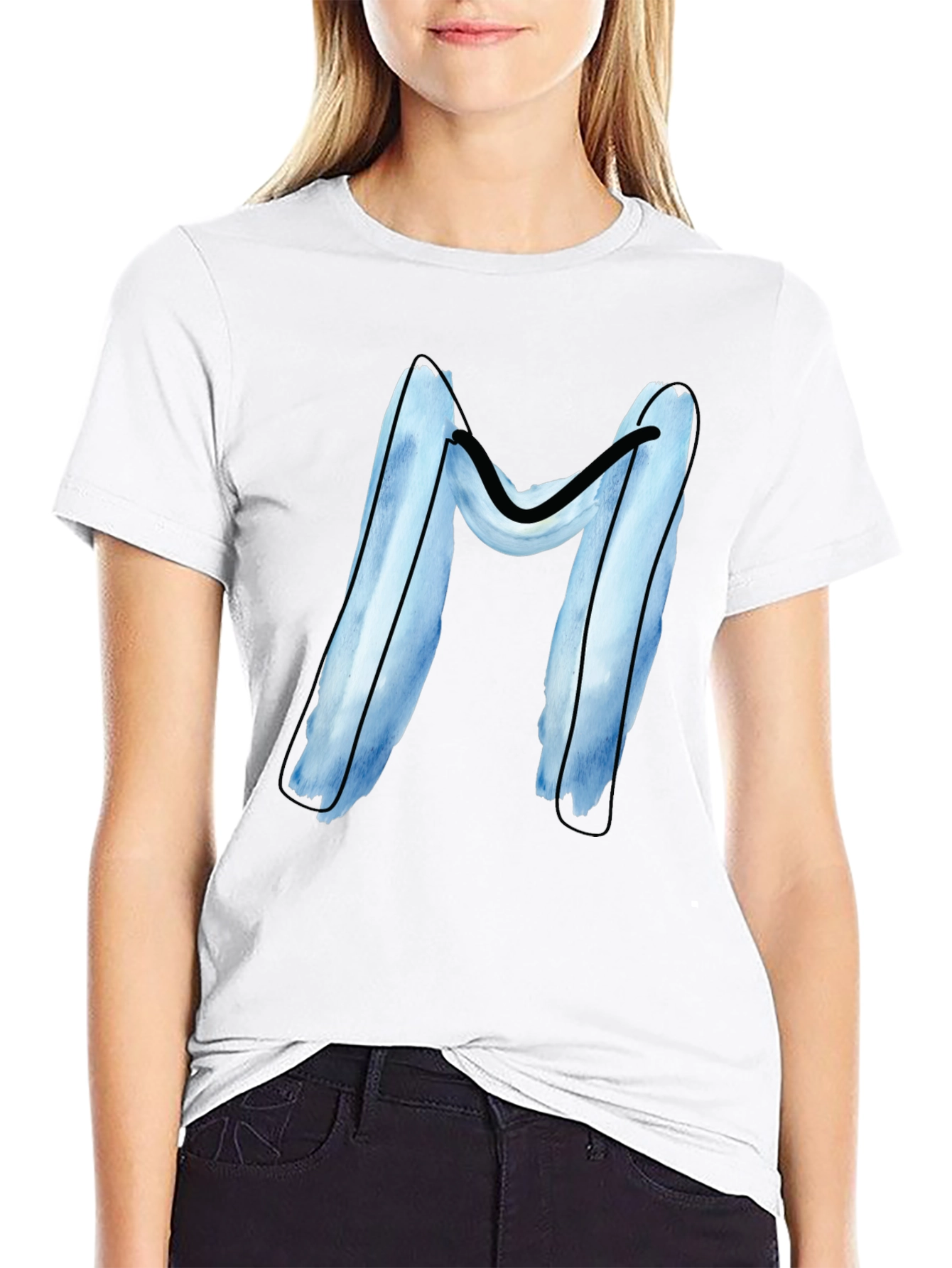 Blue Letter M Graphic Black T-Shirt