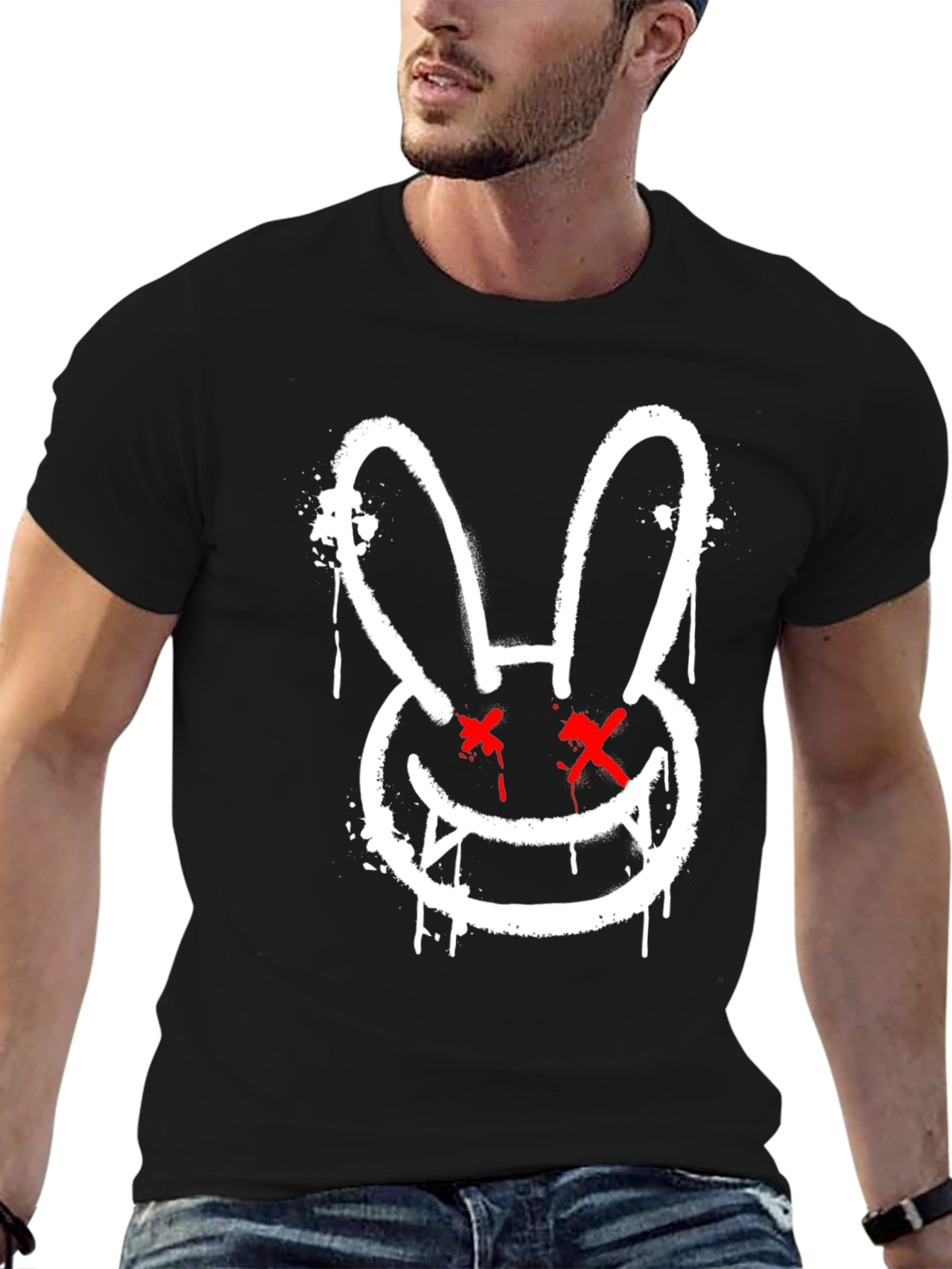 Edgy Rabbit Graphic Tee - Black Cotton Casual Shirt