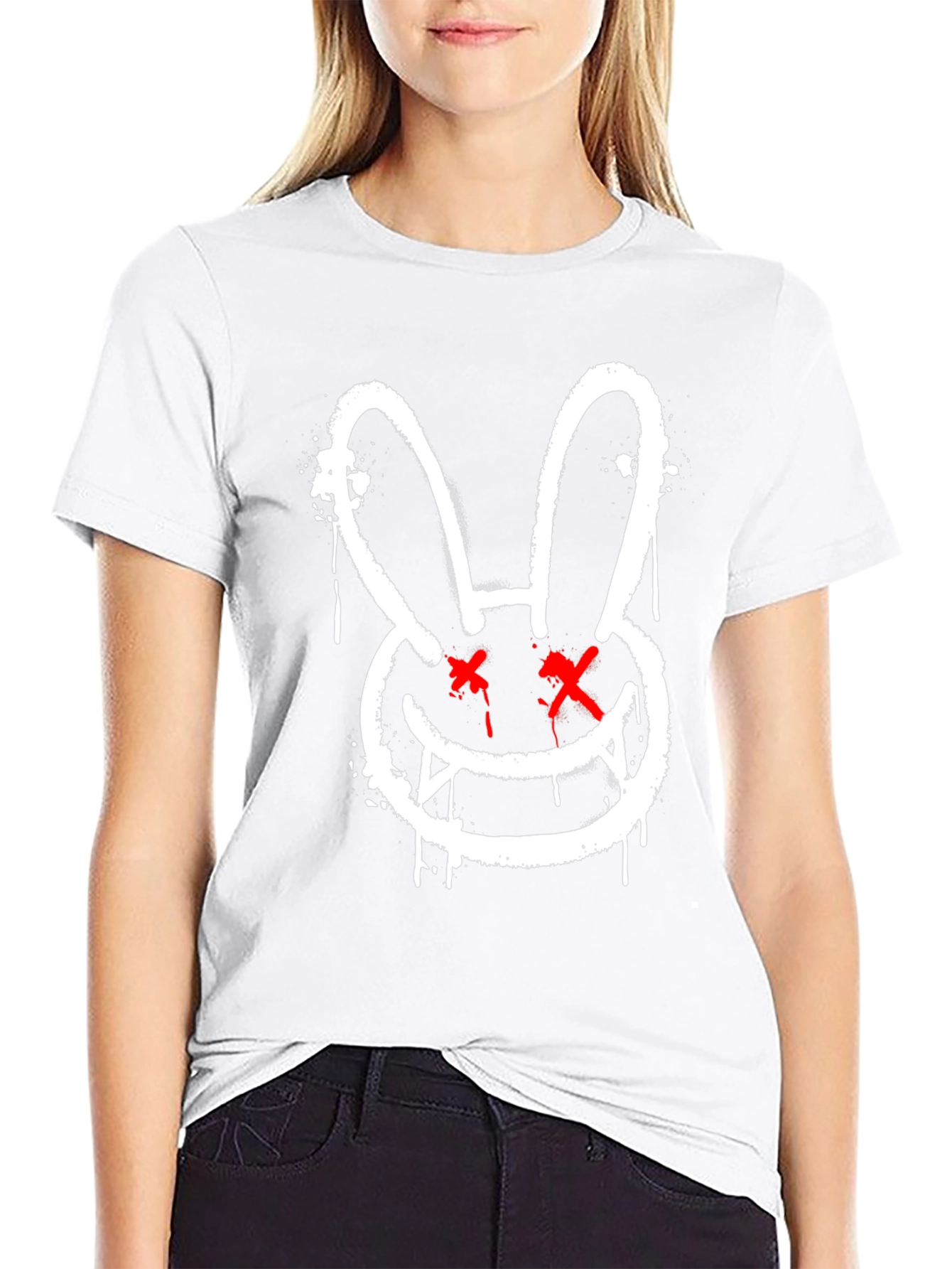Edgy Rabbit Graphic Tee - Black Cotton Casual Shirt