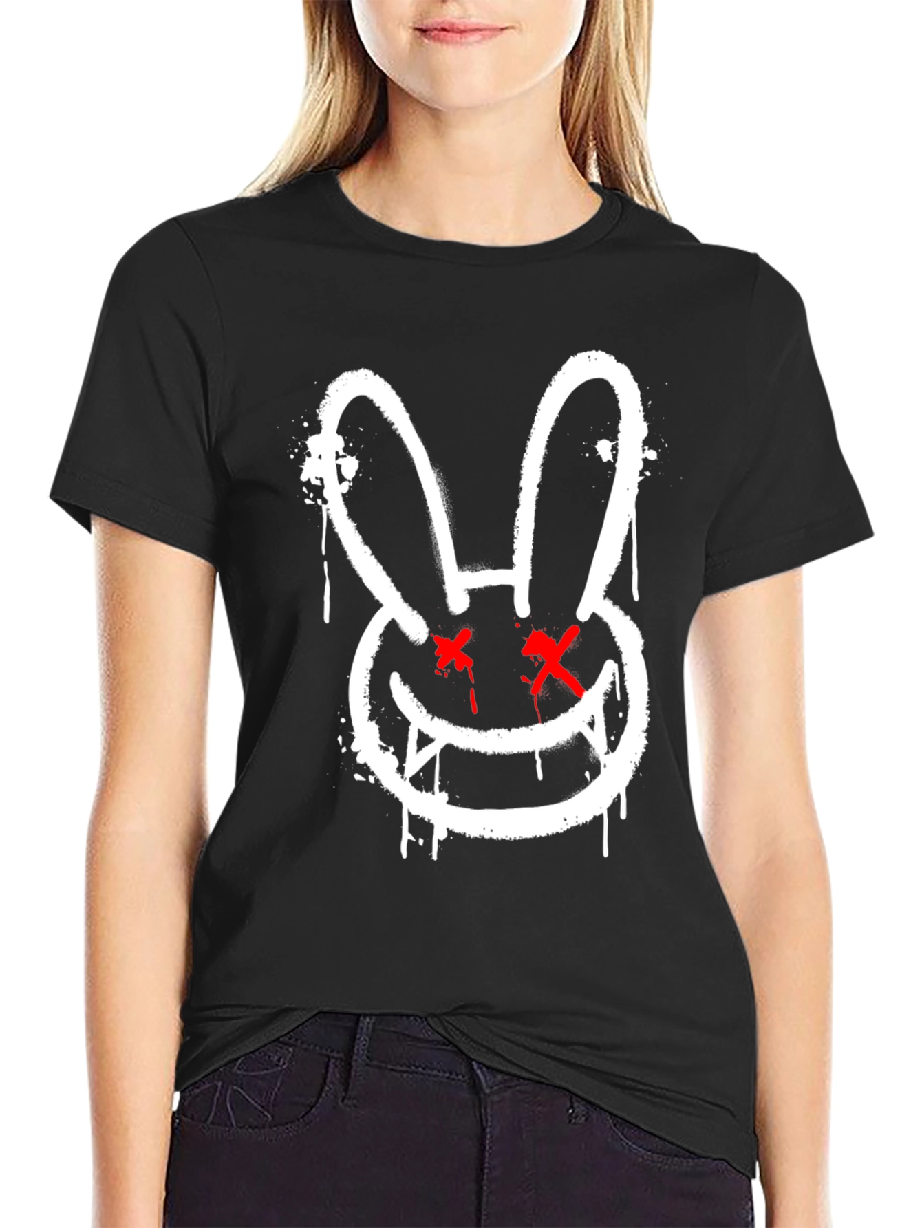 Edgy Rabbit Graphic Tee - Black Cotton Casual Shirt