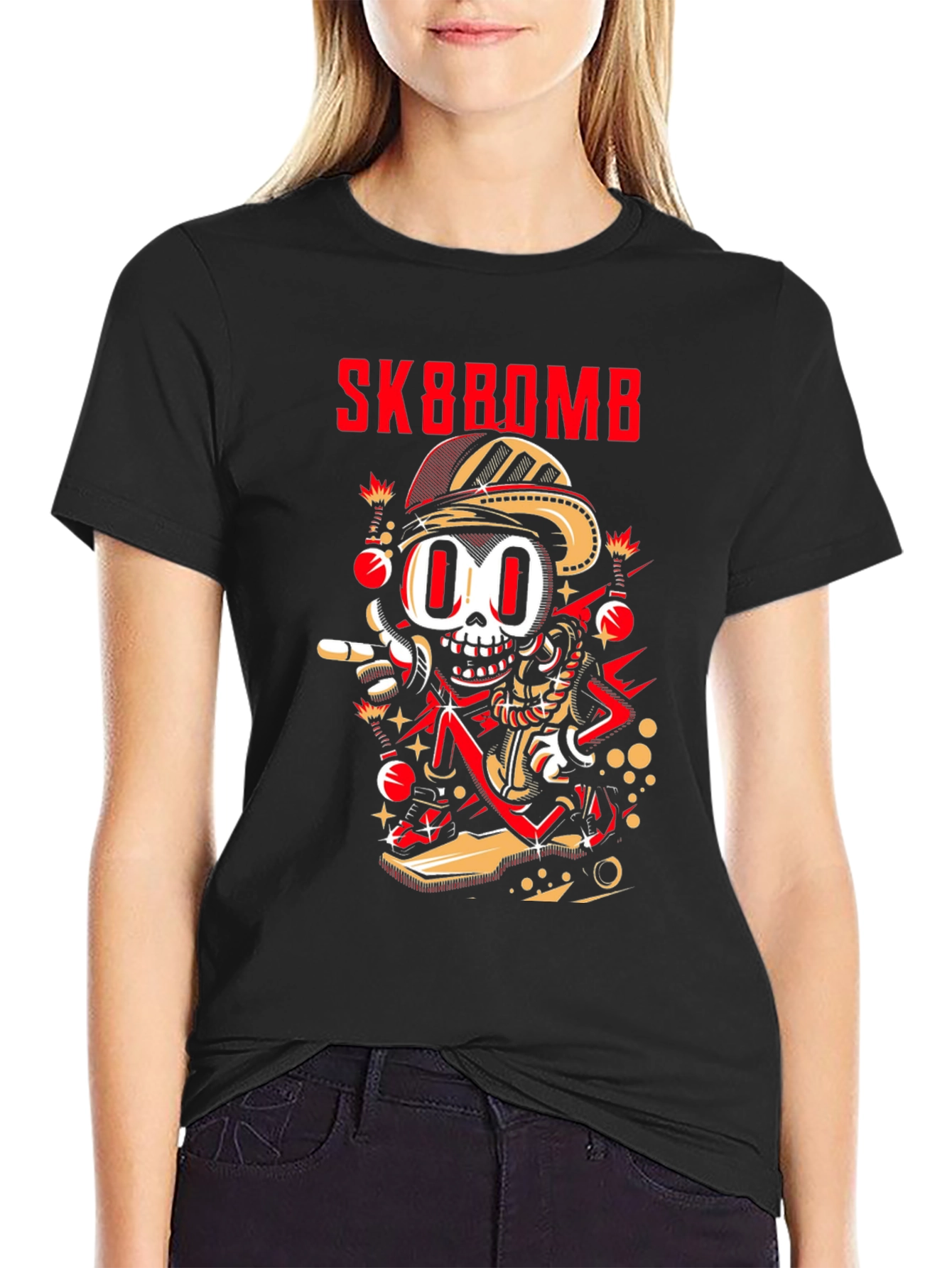 Sk8bomb Cartoon Skeleton Graphic Tee - Black