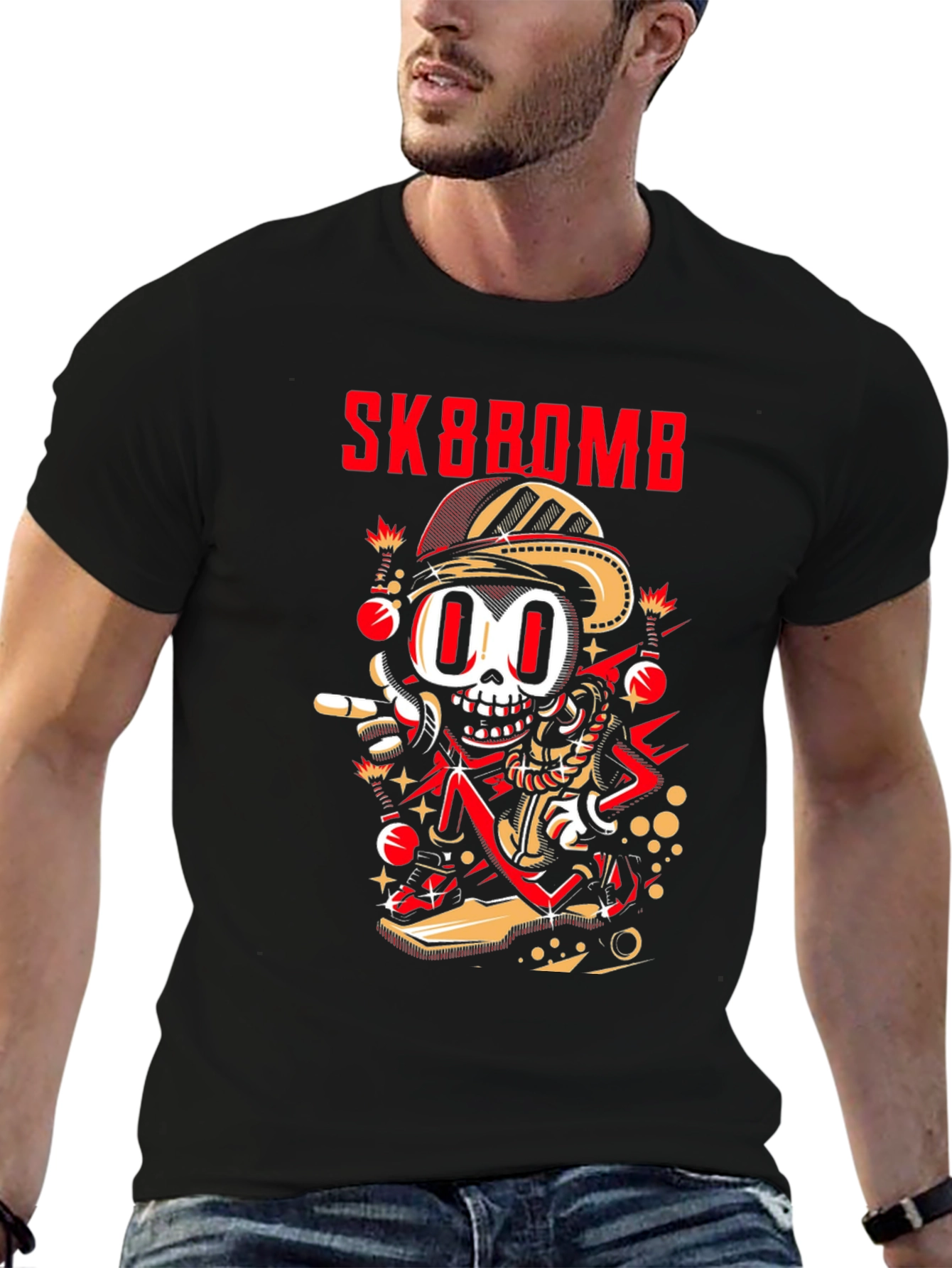 Sk8bomb Cartoon Skeleton Graphic Tee - Black