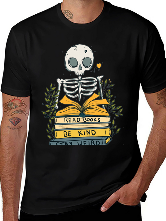 Skeleton Reading Book T-Shirt - Stay Weird & Be Kind