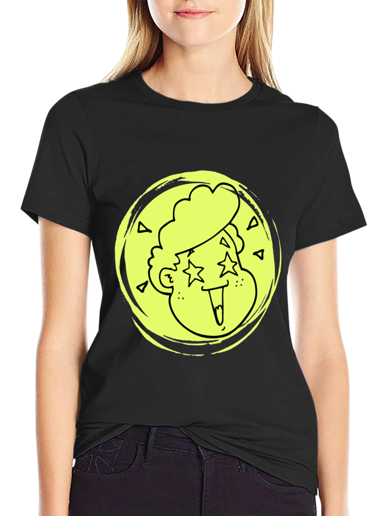 Cool Cartoon Face Graphic Black T-Shirt