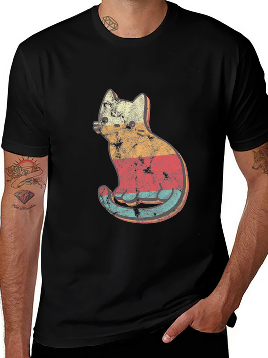 Retro Cat Graphic Tee - Vintage Style Black T-Shirt