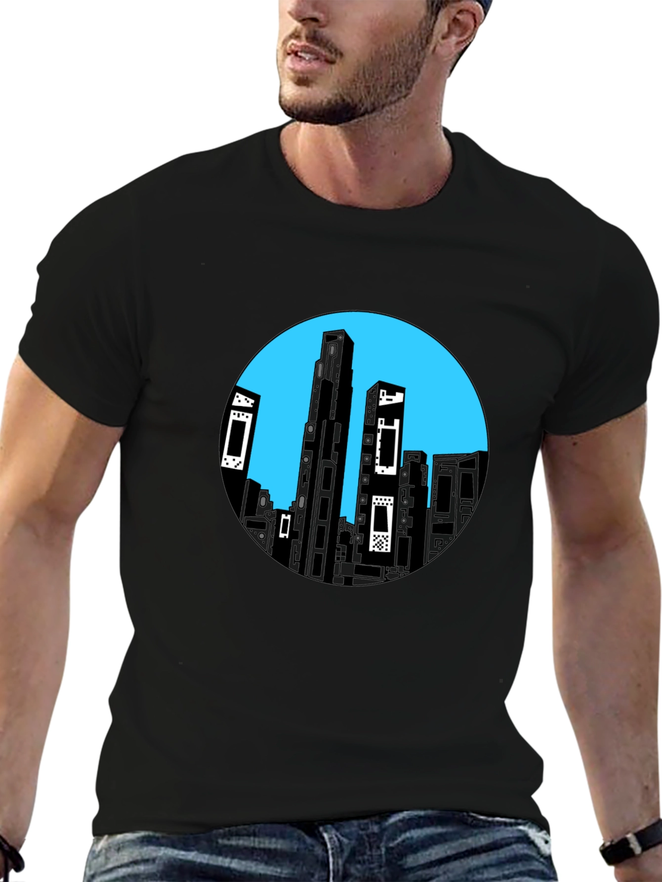 Abstract Cityscape Graphic Tee - Black Cotton Blend