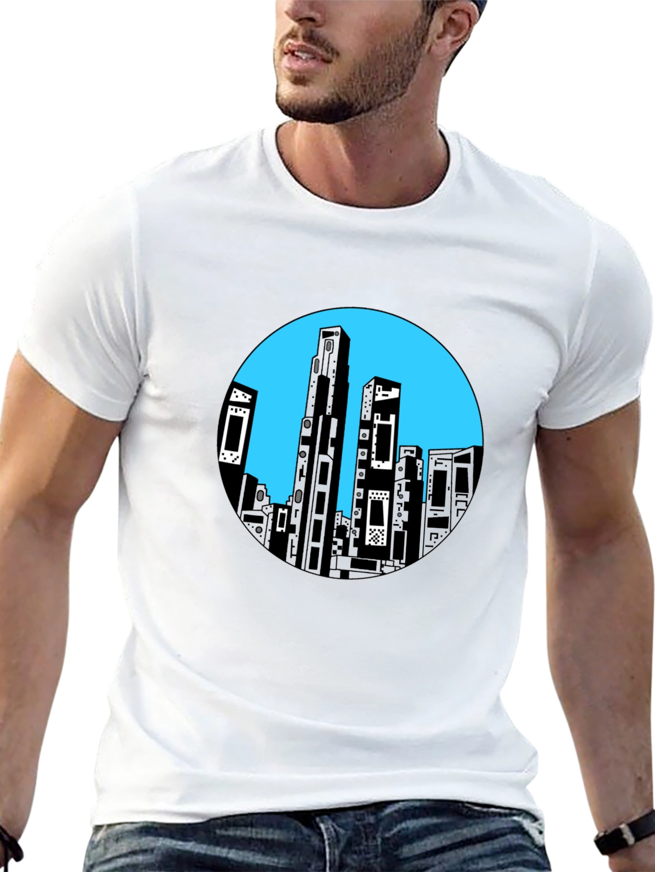 Abstract Cityscape Graphic Tee - Black Cotton Blend