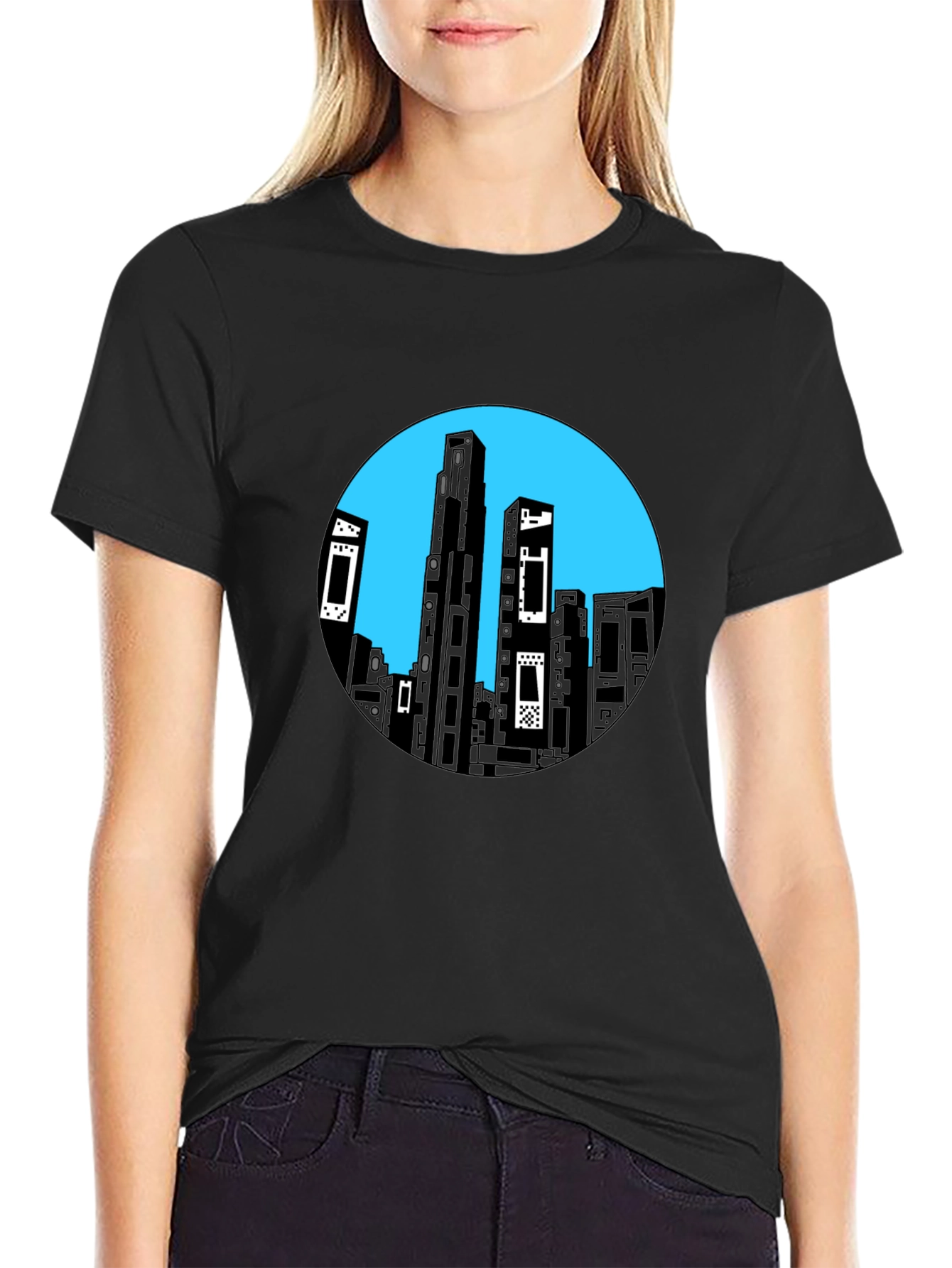 Abstract Cityscape Graphic Tee - Black Cotton Blend