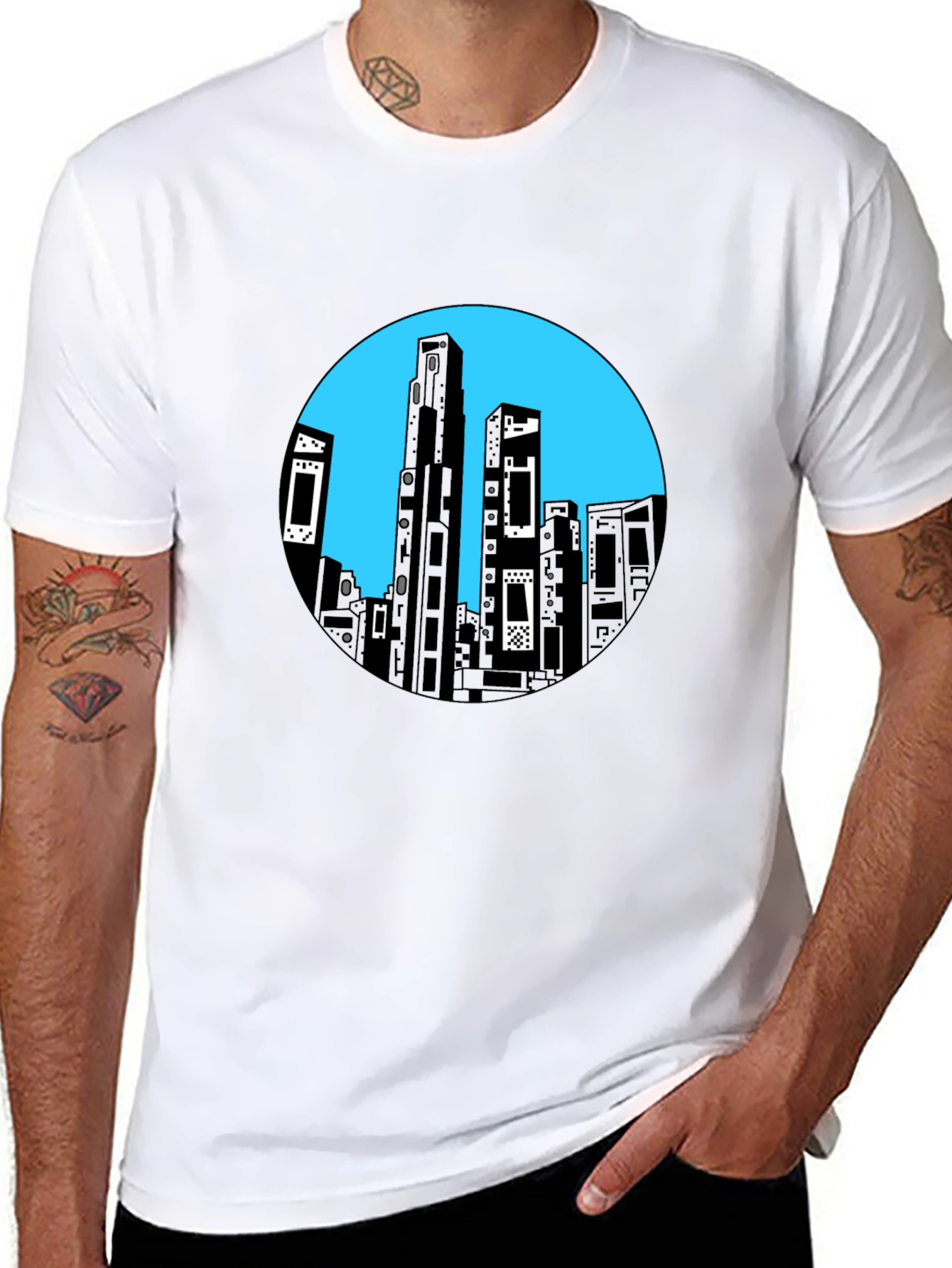 Abstract Cityscape Graphic Tee - Black Cotton Blend