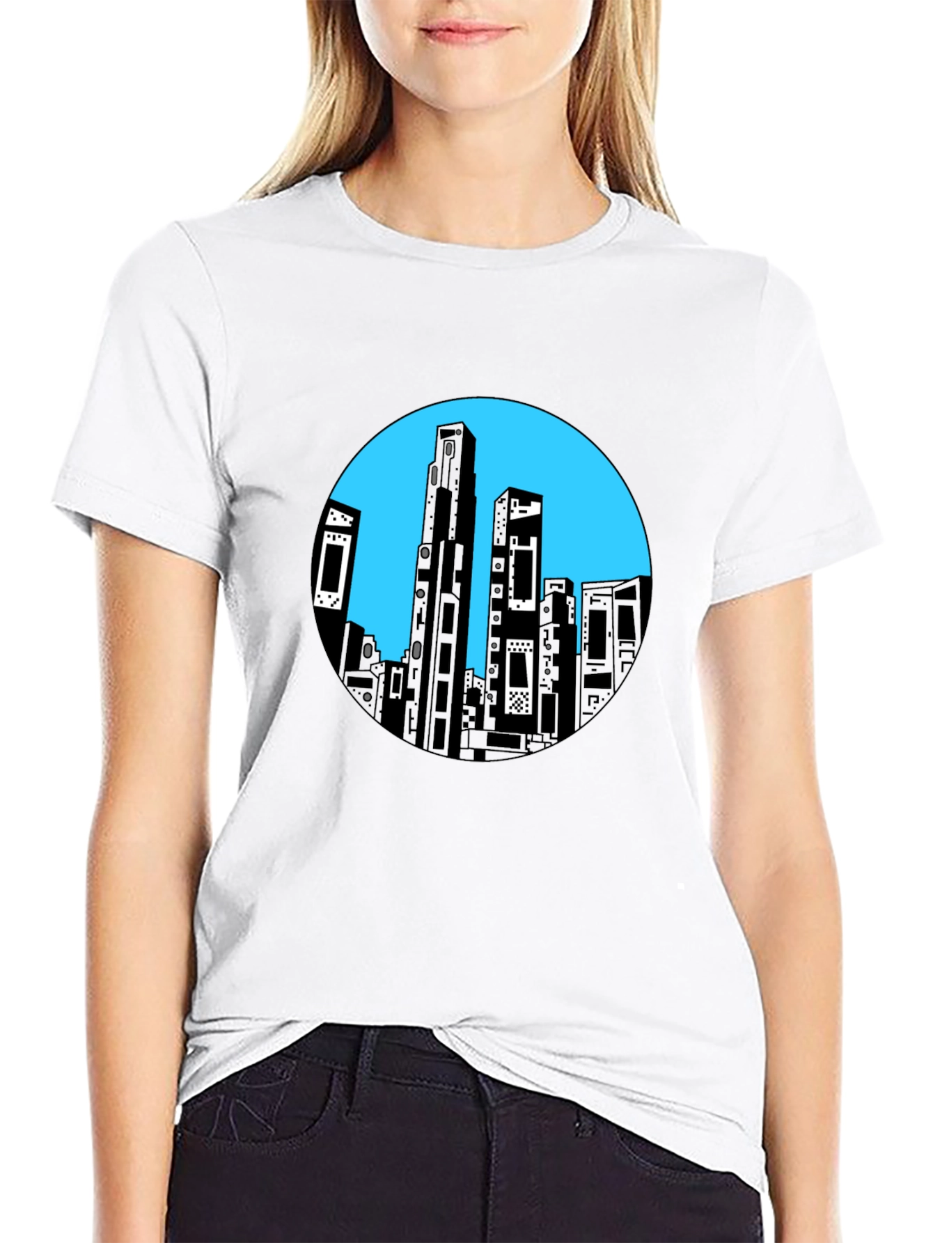 Abstract Cityscape Graphic Tee - Black Cotton Blend