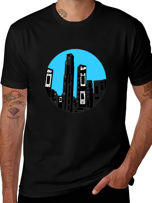 Abstract Cityscape Graphic Tee - Black Cotton Blend