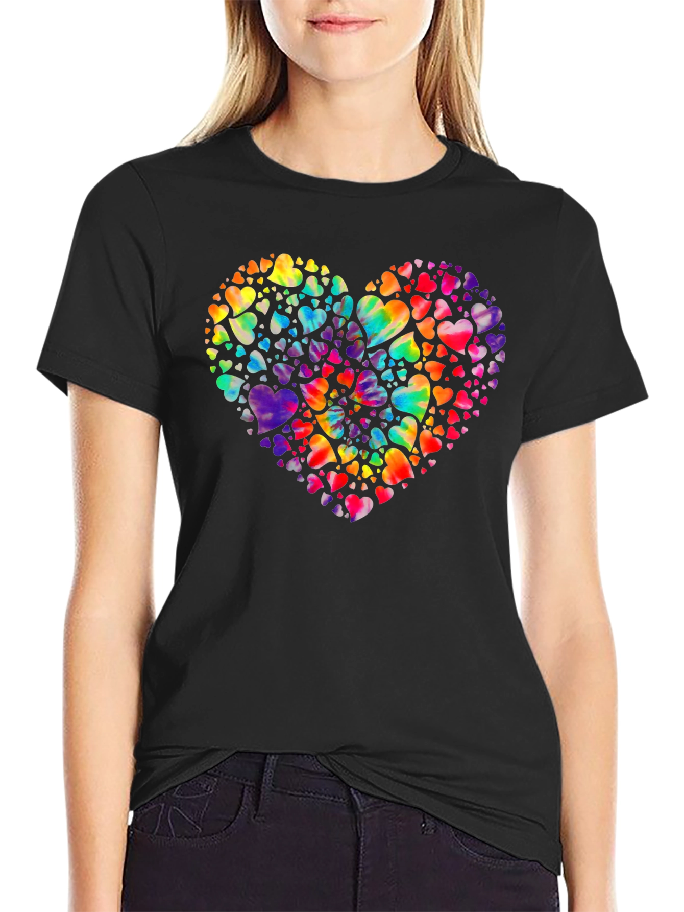 Heartful Rainbow Hearts Black T-Shirt