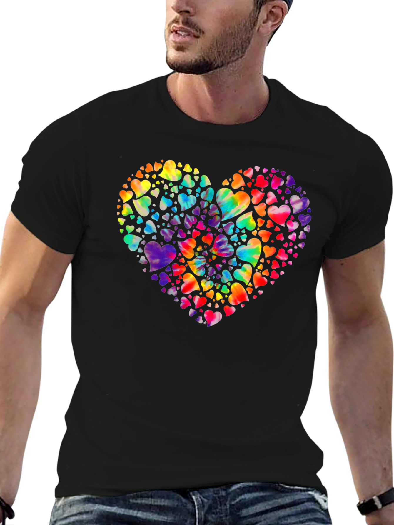 Heartful Rainbow Hearts Black T-Shirt